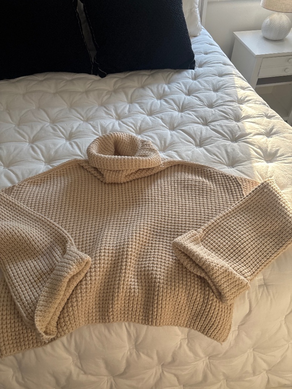 Free People Beige Waffle Knit Turtleneck Sweater